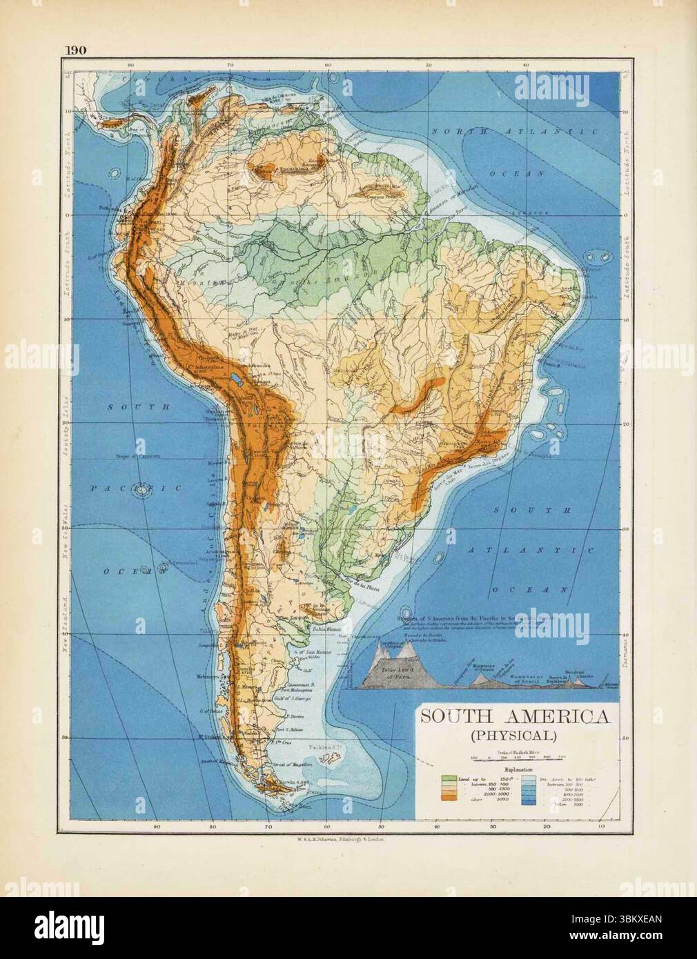 Mappa fisica: Montagne, pianure e valli del Sud America. W. & A.K. Johnston, mappa vintage degli anni '1890 del Victoria Regina atlas. 1897 Foto Stock