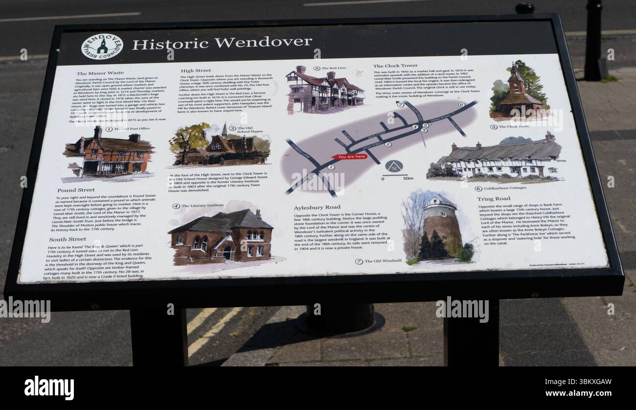 Bacheca pubblica dedicata alla storica Wendover, Wendover, Buckinghamshire, Inghilterra, Regno Unito Foto Stock