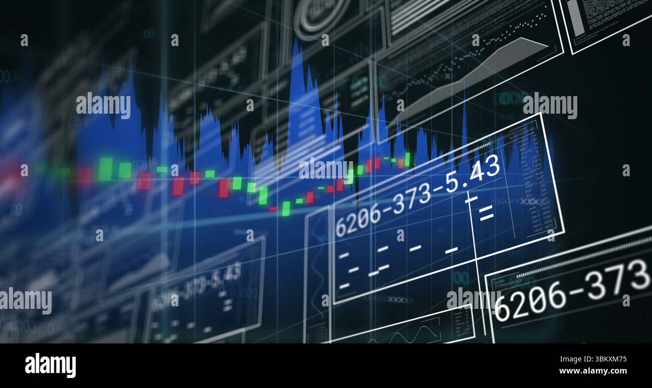 Visualizzazione di pannelli di trading con grafici a candela e aree, sovrapposizione griglia ed etichette degli assi Foto Stock