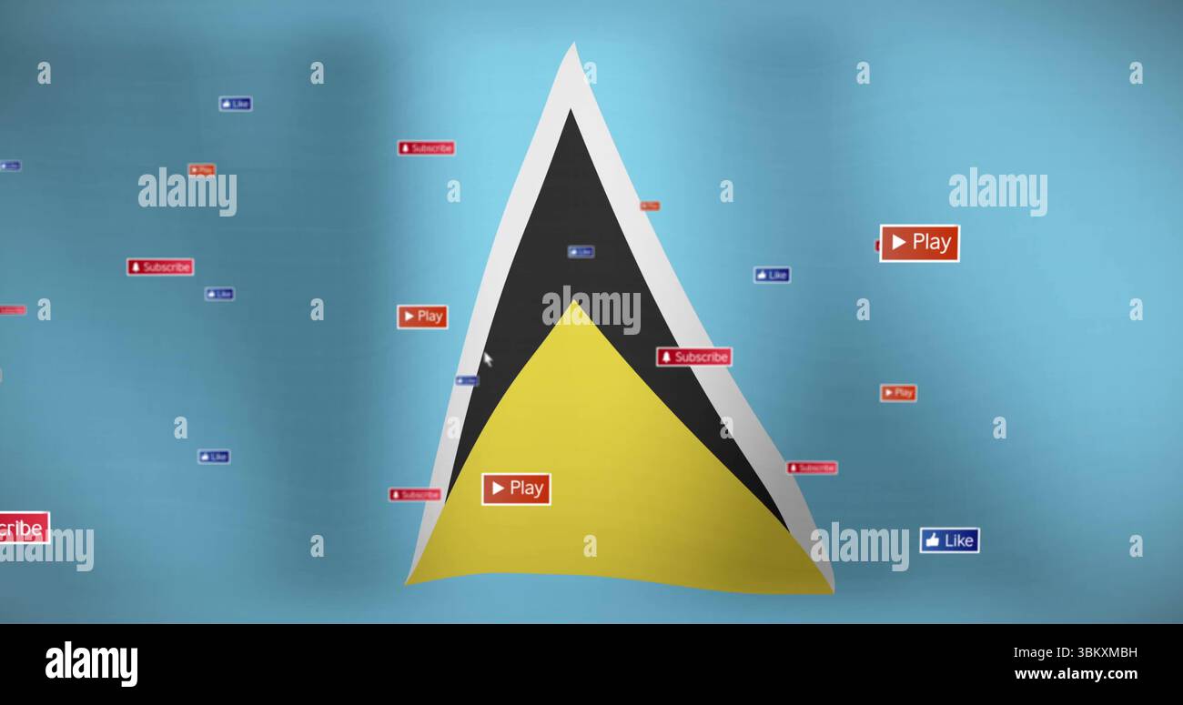Mostra il triangolo nero-giallo su sfondo blu, con icone rosse Riproduci e Iscriviti, come blu Foto Stock