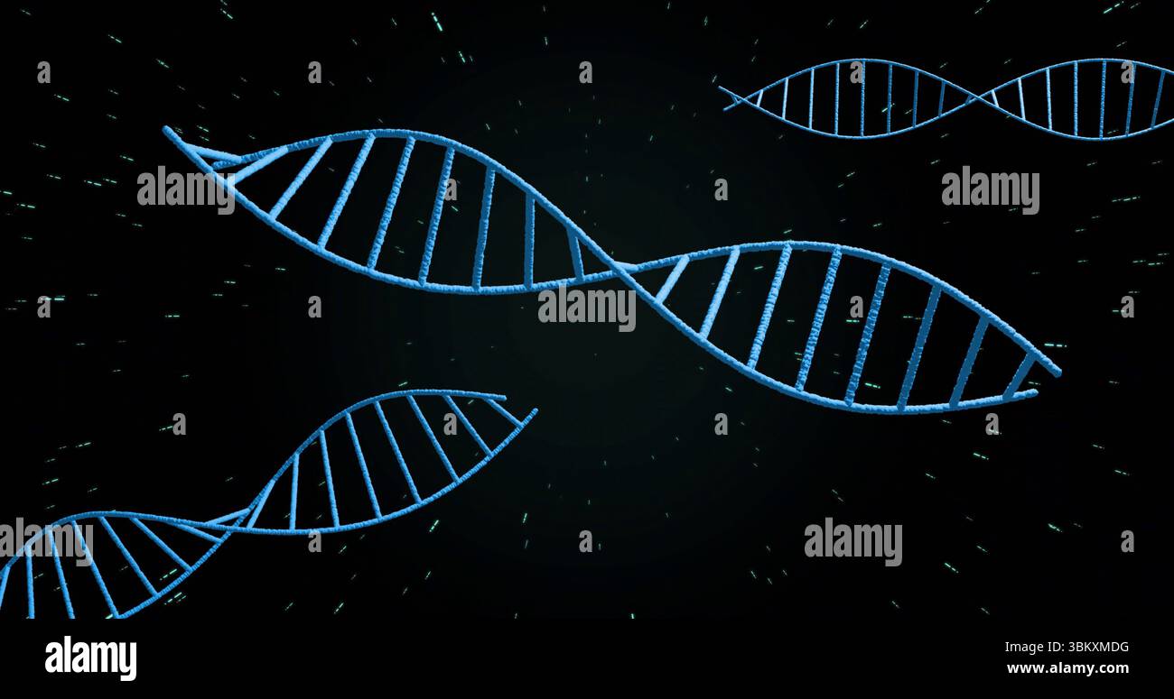 Modello a doppia elica in DNA blu centrale galleggiante in vuoto digitale scuro, con particelle verdi brillanti Foto Stock