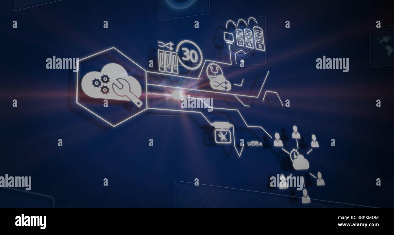 Visualizzazione delle icone di rete che collegano i simboli di sincronizzazione del rack server 30 della cartella chiave cloud sul cruscotto Foto Stock
