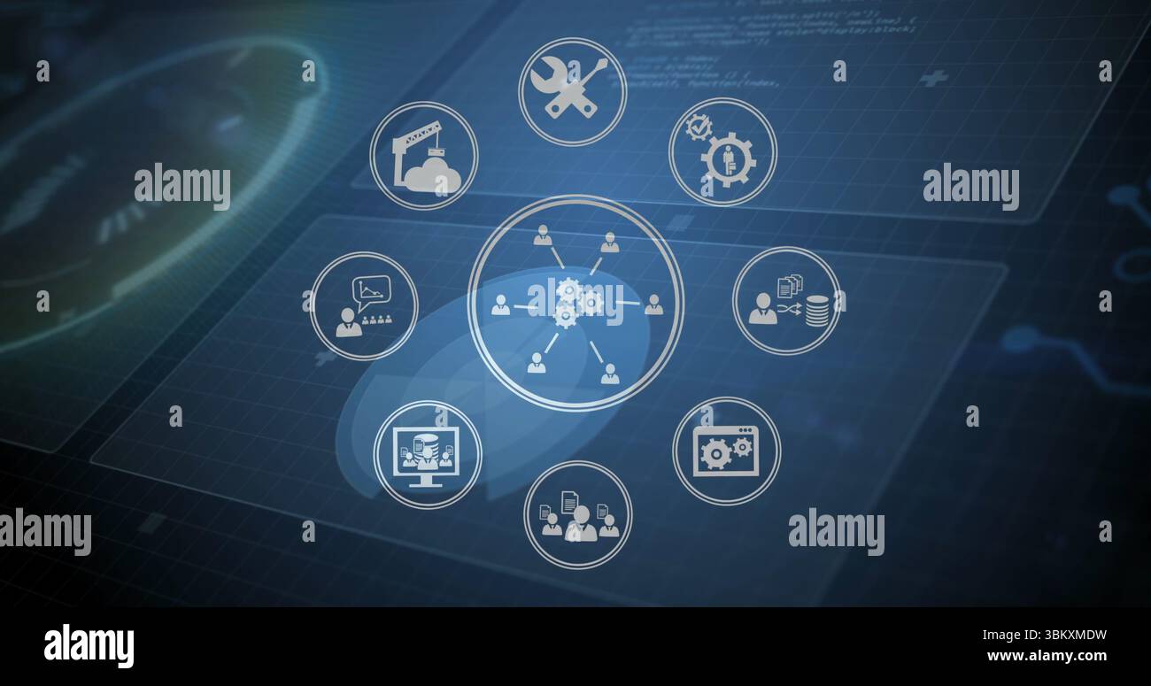 Visualizzazione dell'icona dell'ingranaggio utente centrale che collega otto icone sull'interfaccia griglia blu scuro, con pannelli Foto Stock