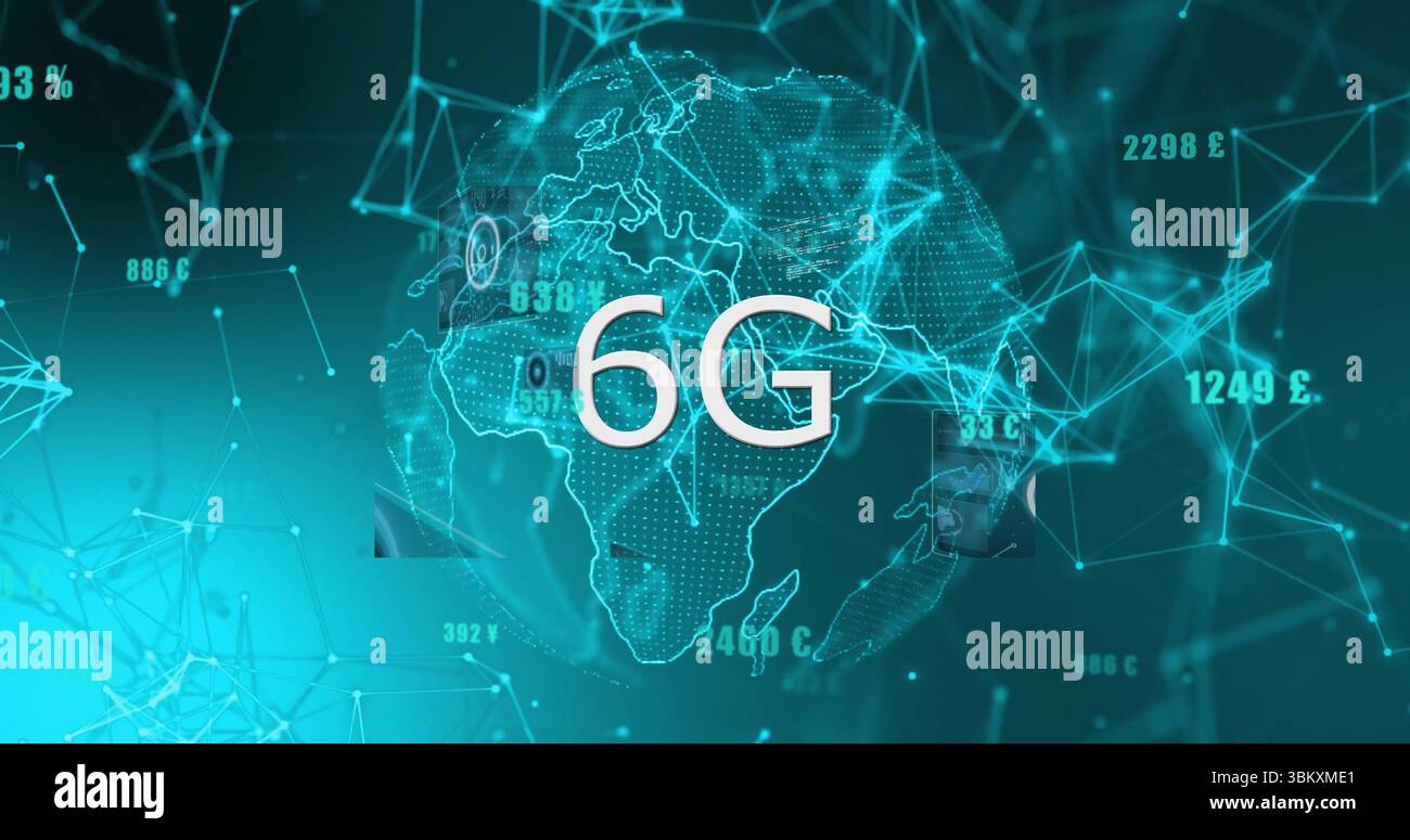 Visualizzazione del globo semitrasparente con nodi di rete illuminati nello spazio digitale, con tema dati 6G. Foto Stock