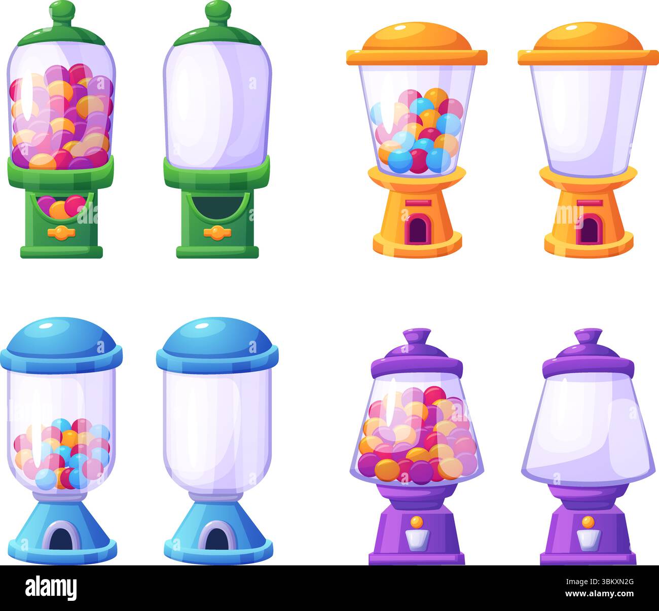 Macchine caramelle piene e vuote. Palline colorate di gomma frizzante o cioccolato smaltato. Distributore automatico per supermercato, centro commerciale, zona bambini, cinema Illustrazione Vettoriale