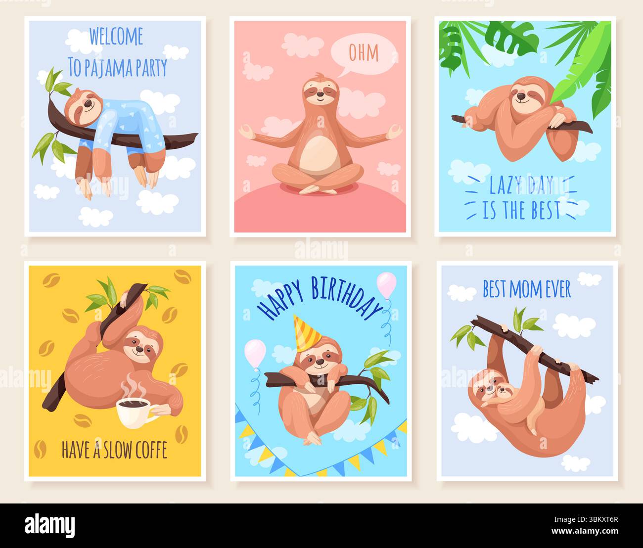 Carte pigri. Cartoni animati cartoni animati sonnolenti e cartoni animati, lento e divertente sonno di animali durante la festa del pigiama di compleanno degli alberi della foresta con caffè ambientato in zoo tropicale, illustrazione vettoriale ordinata opera d'arte originale Illustrazione Vettoriale