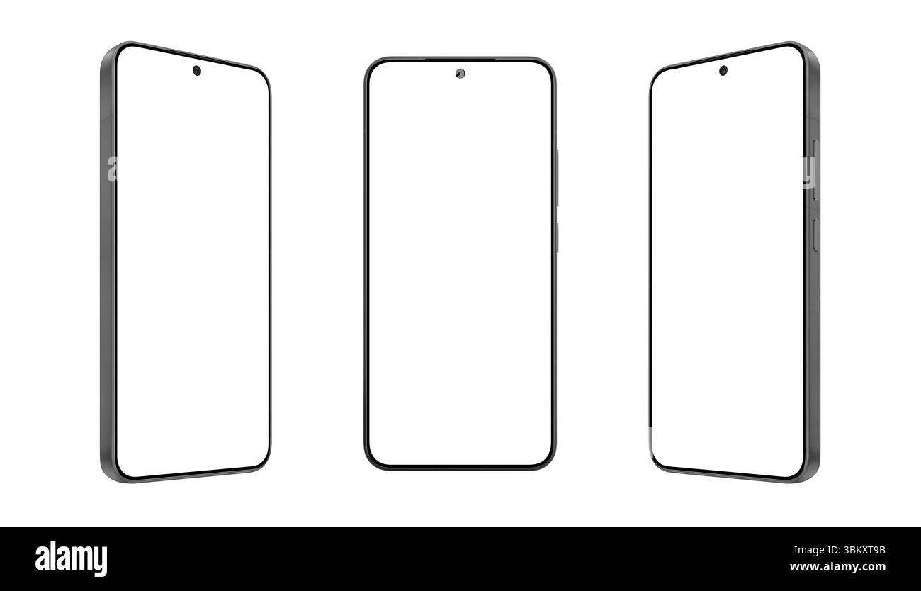 Set di mockup per telefono nero minimalista con cornice color argento e schermi vuoti. Ideale per mostrare UX mobile, concetti di app o branding digitale Foto Stock