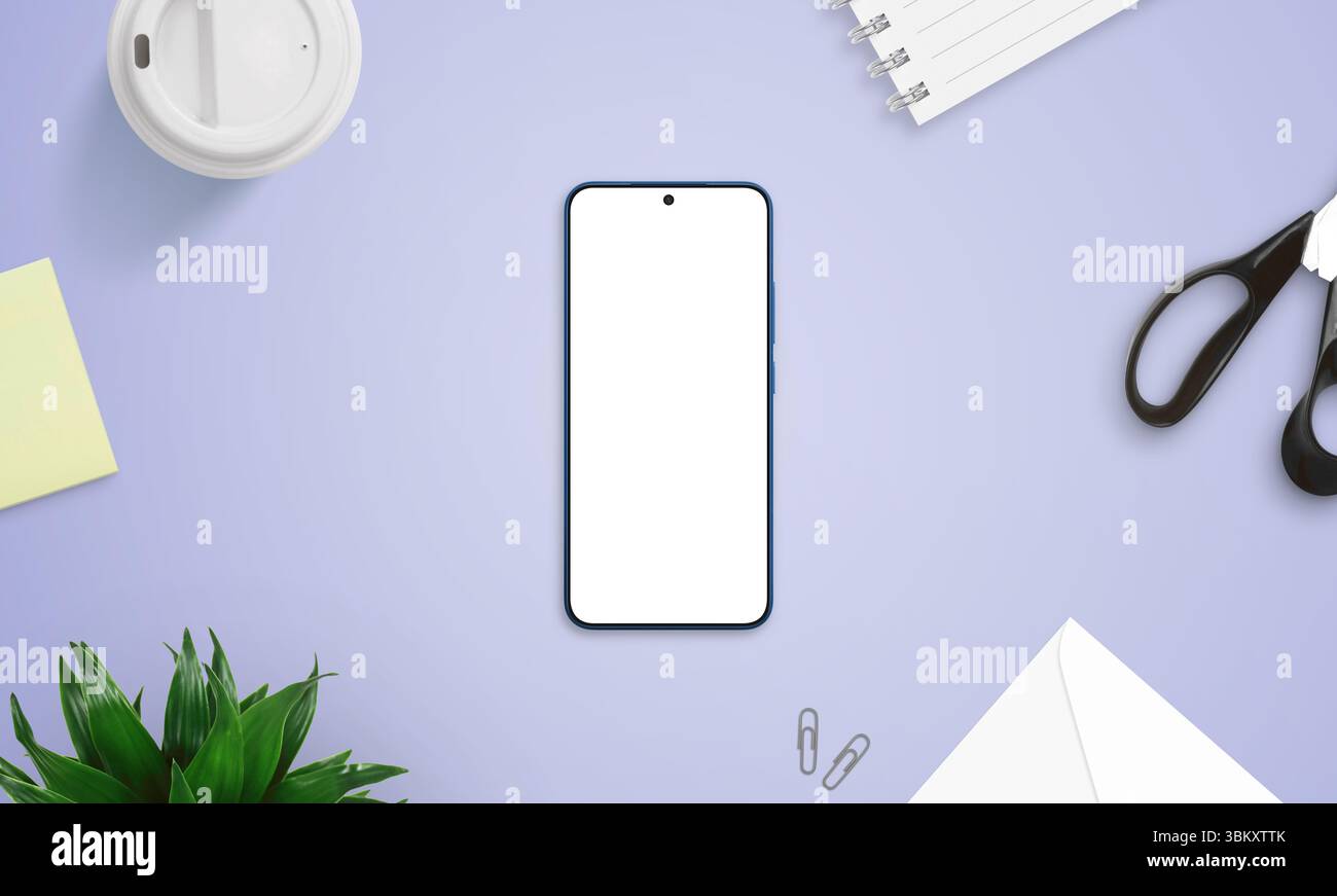 Vista dall'alto del mockup dello smartphone sulla scrivania viola con oggetti creativi come forbici, note adesive, tazze da caffè e notebook Foto Stock