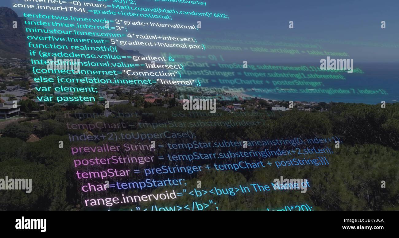Sovrapposizione di codice traslucido galleggiante che si sposta lungo la collina con foresta, case con piastrelle rosse e mare Foto Stock