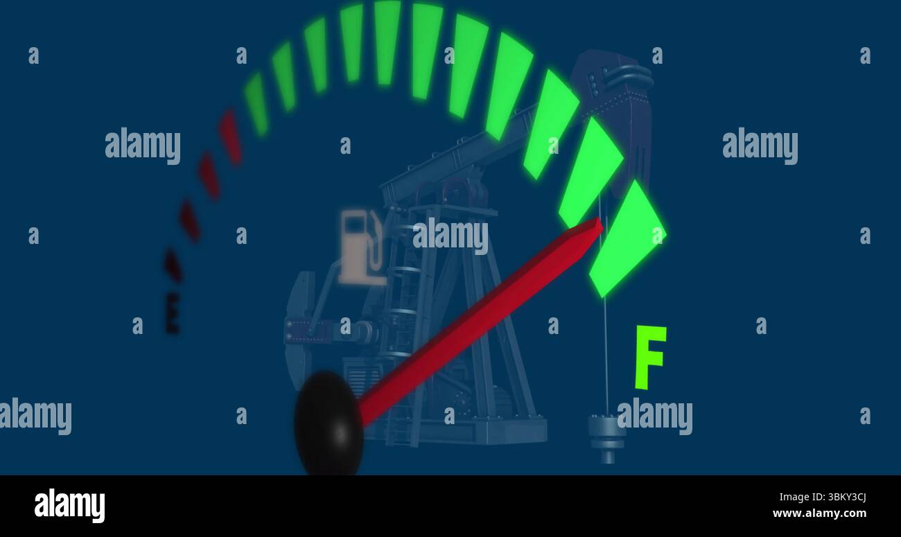 La lancetta dell'indicatore di livello carburante è rivolta verso il segno F completo sullo sfondo grafico, con la silhouette del martinetto di pompaggio dell'olio Foto Stock