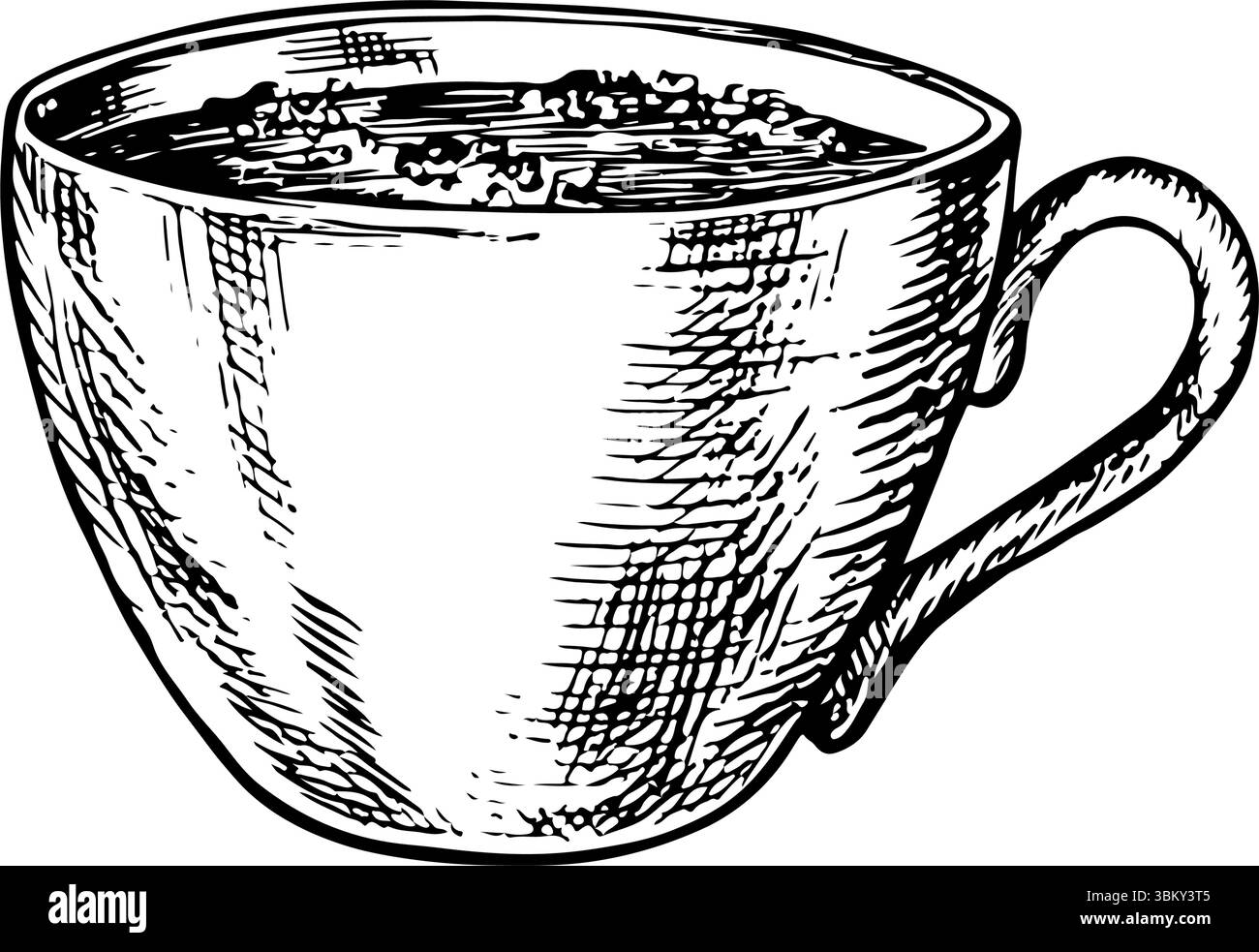 Una tazza di caffè. Illustrazione grafica vettoriale in bianco e nero disegnata a mano. Isolare su sfondo bianco. Per imballaggi, logo ed etichette. Per i banner Illustrazione Vettoriale
