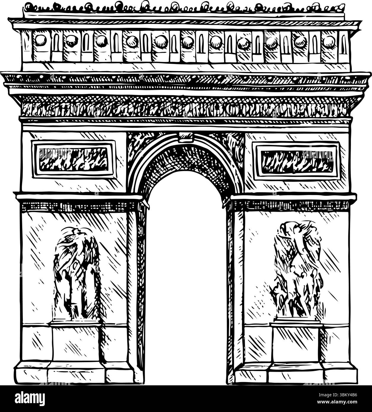 L'Arco di Trionfo della Stella. Grafica vettoriale, illustrazione disegnata a mano in bianco e nero. Isolare su sfondo bianco. Un famoso monumento a Parigi Illustrazione Vettoriale
