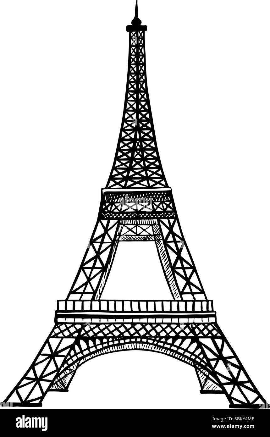 Torre Eiffel. Grafica vettoriale, illustrazione disegnata a mano in bianco e nero. Isolare su sfondo bianco. Attrazioni della Francia. Per opuscoli, banner e. Illustrazione Vettoriale