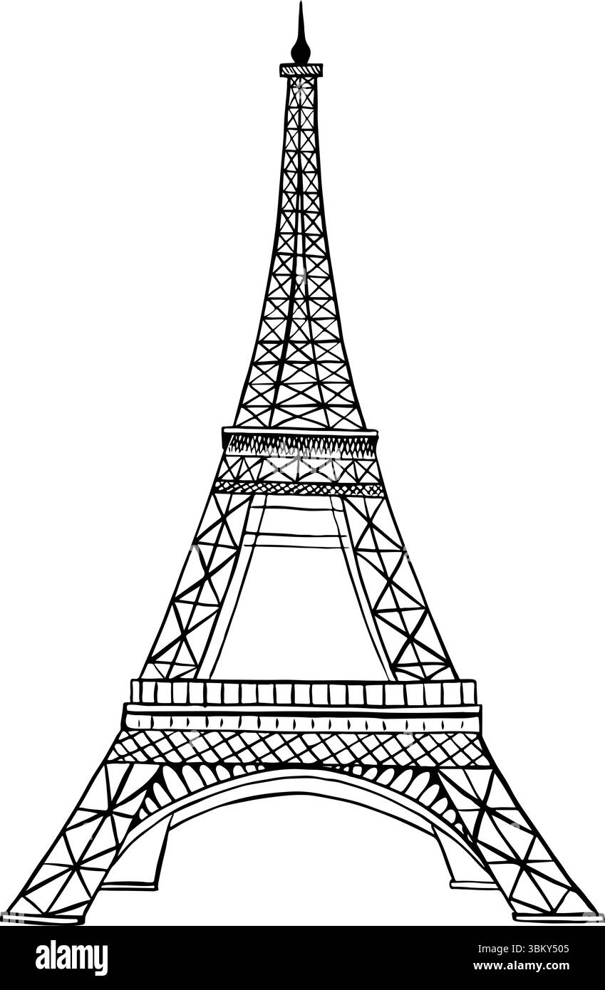 Torre Eiffel. Grafica vettoriale, illustrazione disegnata a mano in bianco e nero. Isolare su sfondo bianco. Attrazioni della Francia. Per opuscoli, banner e. Illustrazione Vettoriale