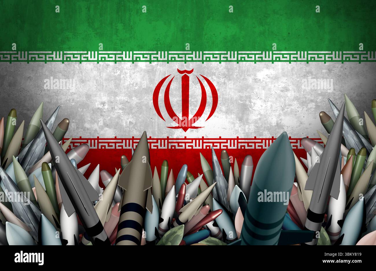 Crisi iraniana e guerra in Iran confronto armato militare o conflitto per procura di Teheran come golfo persiano o confronto medio-orientale con Israele e t Foto Stock