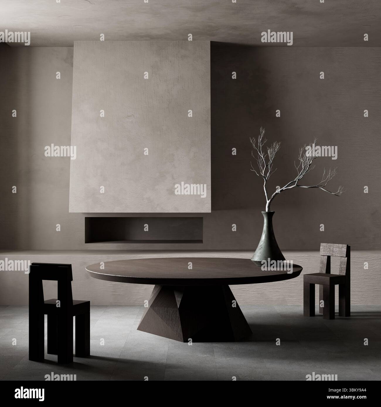 Un'espressione drammatica del design brutalista, dove forme aspre e superfici grezze si incontrano in uno spazio da pranzo scultoreo che onora materiale e forma. Illu. 3D Foto Stock Un'espressione drammatica del design brutalista, dove forme aspre e superfici grezze si incontrano in uno spazio da pranzo scultoreo che onora materiale e forma. Illu. 3D Foto Stock
