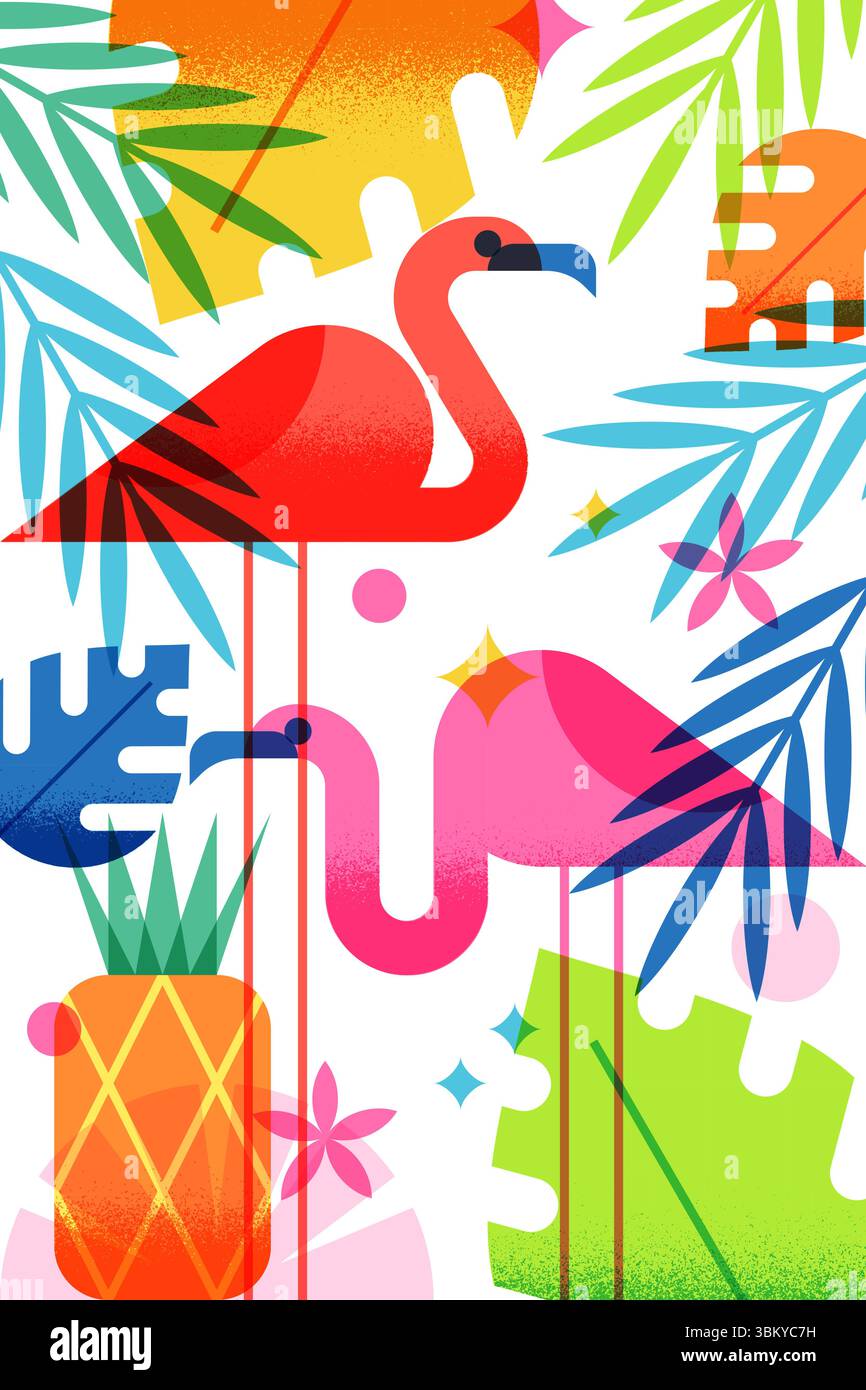 Illustrazione geometrica vettoriale di spiaggia estiva, due fenicotteri, ananas e foglie di palma. Elementi di design alla moda per la stampa grafica, bann Illustrazione Vettoriale