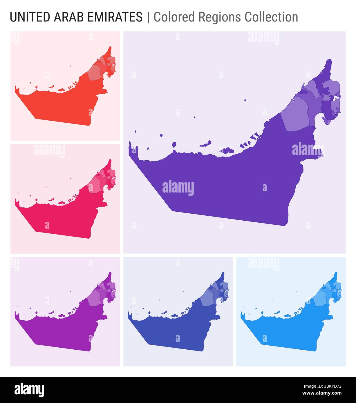 Raccolta di mappe degli Emirati Arabi Uniti. Forma del paese con regioni colorate. Viola intenso, rosso, rosa, viola, indaco, tavolozze di colore blu. Illustrazione Vettoriale