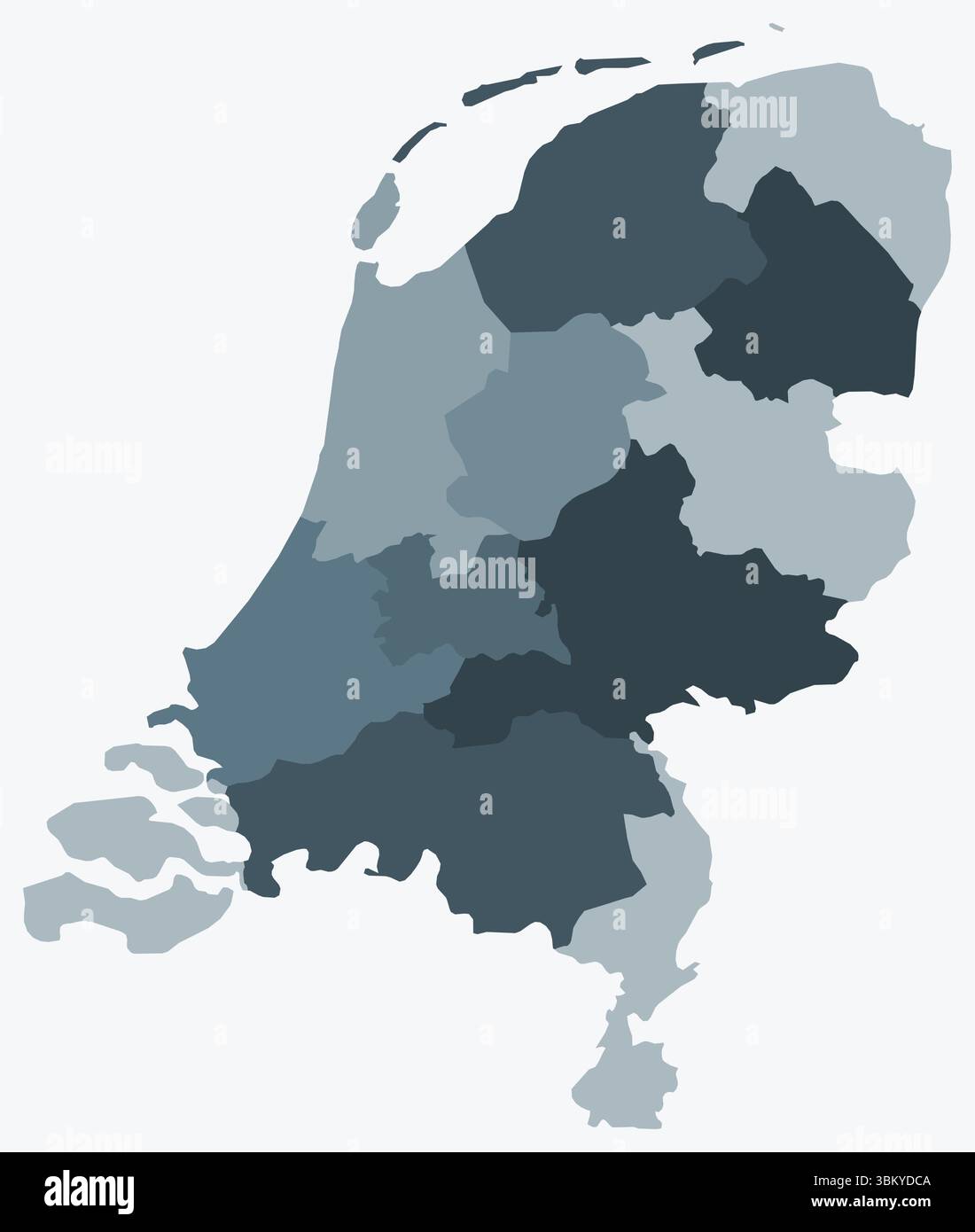 Mappa dei Paesi Bassi con le regioni. Una semplice mappa dei confini nazionali con divisioni regionali. Tavolozza dei colori blu-grigio. Illustrazione Vettoriale