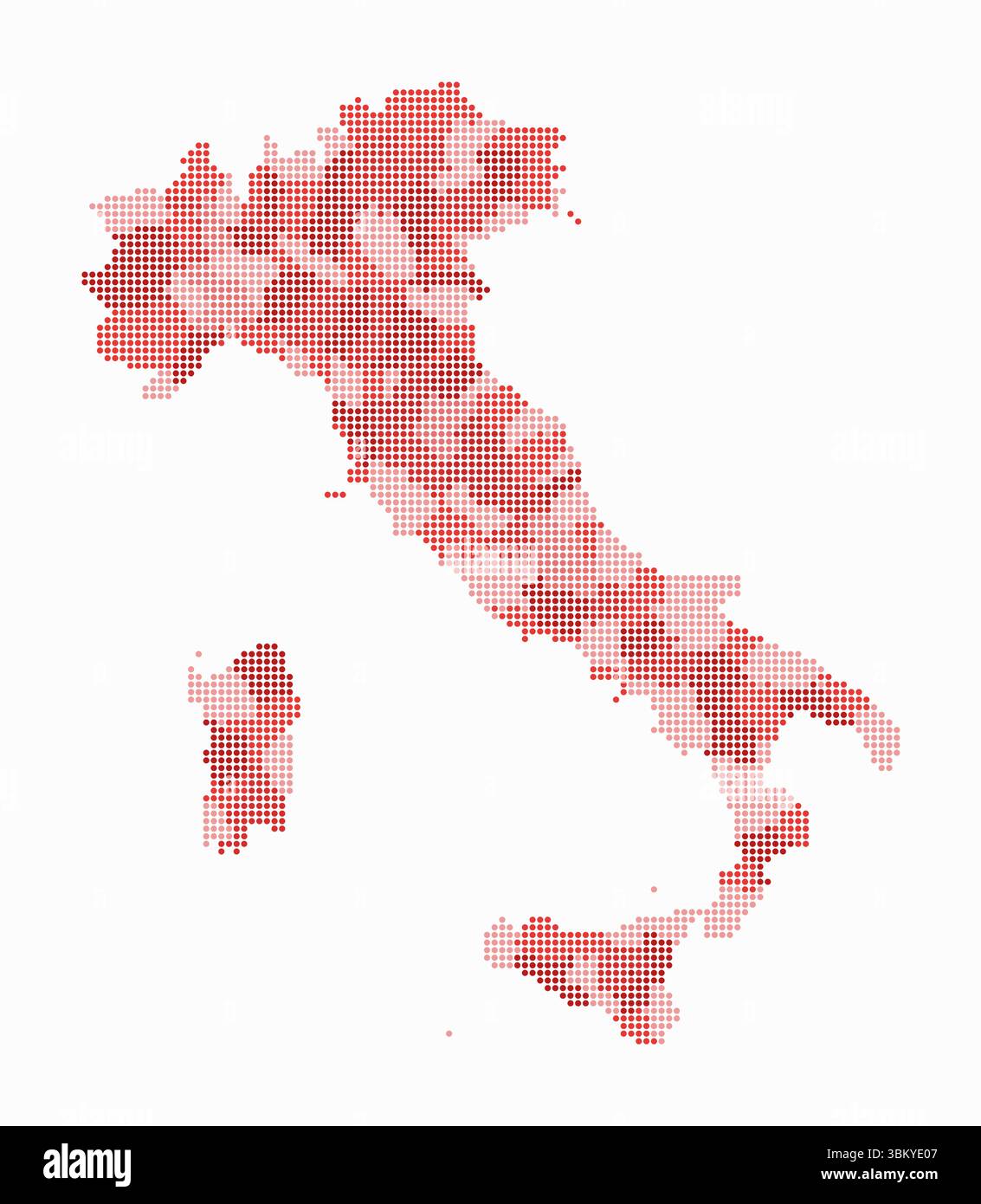 Mappa tratteggiata dell'Italia. Mappa digitale del paese su sfondo bianco. Forma italiana con punti circolari. Stile puntini colorati. Cerchi di piccole dimensioni. Illustrazione Vettoriale