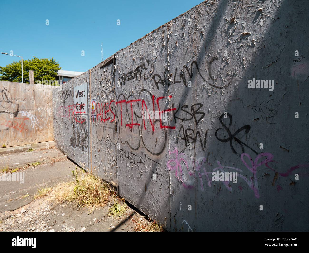 Weathered Wall with Political Graffiti e Urban Decay in Caversham Road, Reading Foto Stock