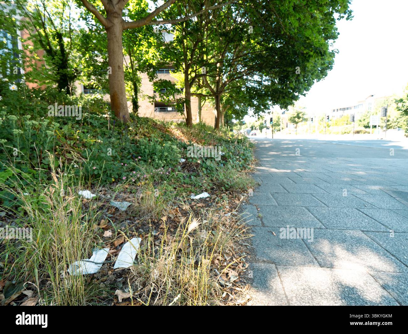 Rifiuti fuori dall'edificio del quartiere del Tamigi, Reading, Regno Unito Foto Stock