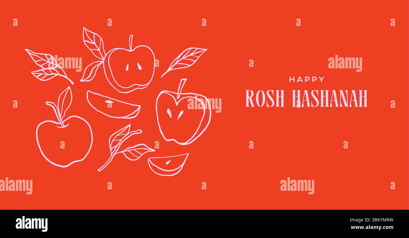 Striscione vintage Shanah Tova con mele disegnate a mano Illustrazione Vettoriale