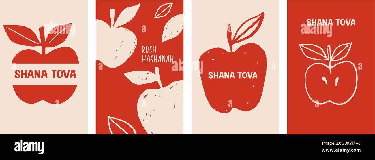 Poster e biglietti d'auguri di Shanah Tova con mele disegnate a mano Illustrazione Vettoriale