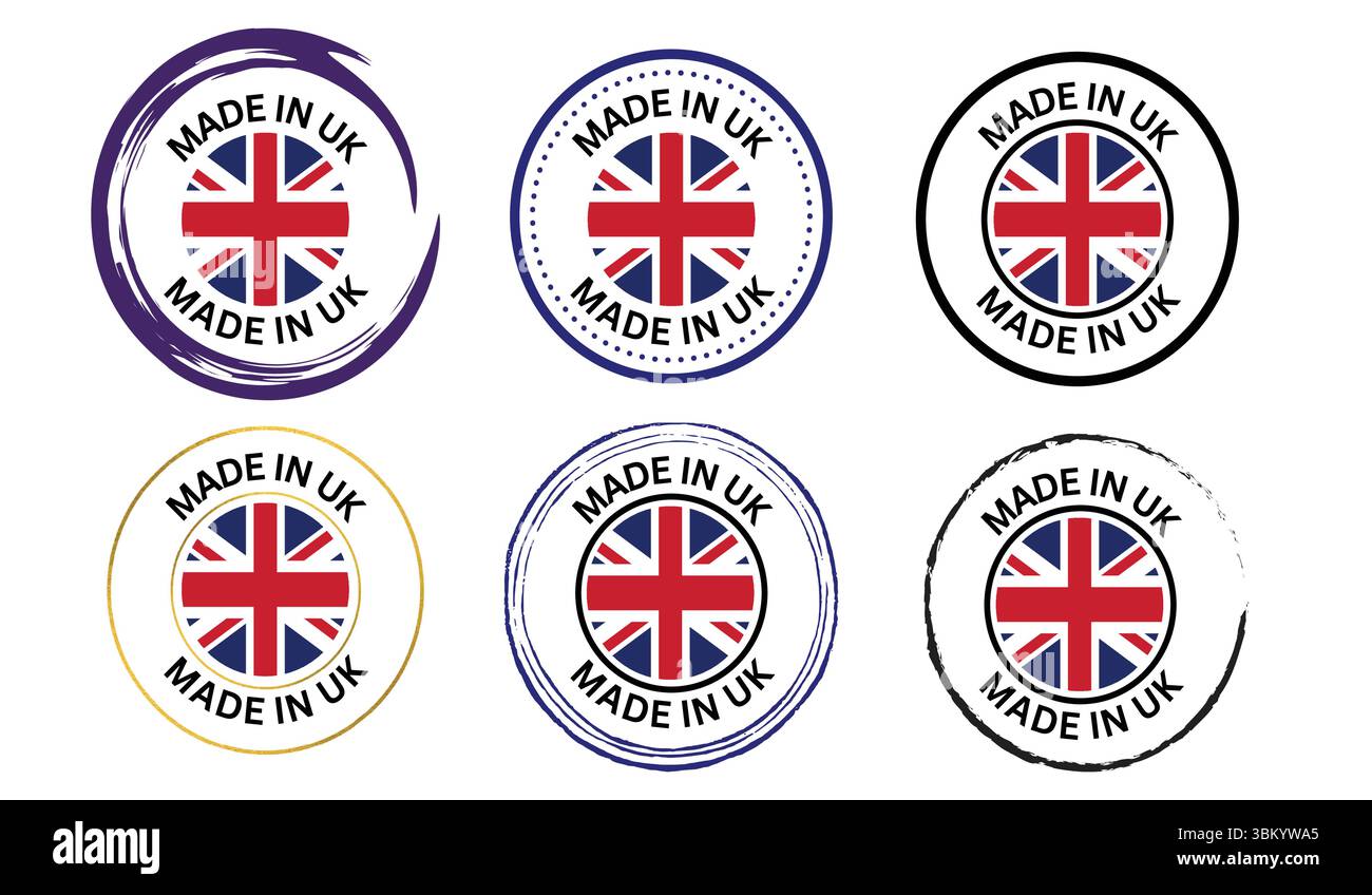 Vari disegni di badge "Made in UK" con bandiera del Regno Unito, disegni vettoriali per banner, poster e carte Illustrazione Vettoriale