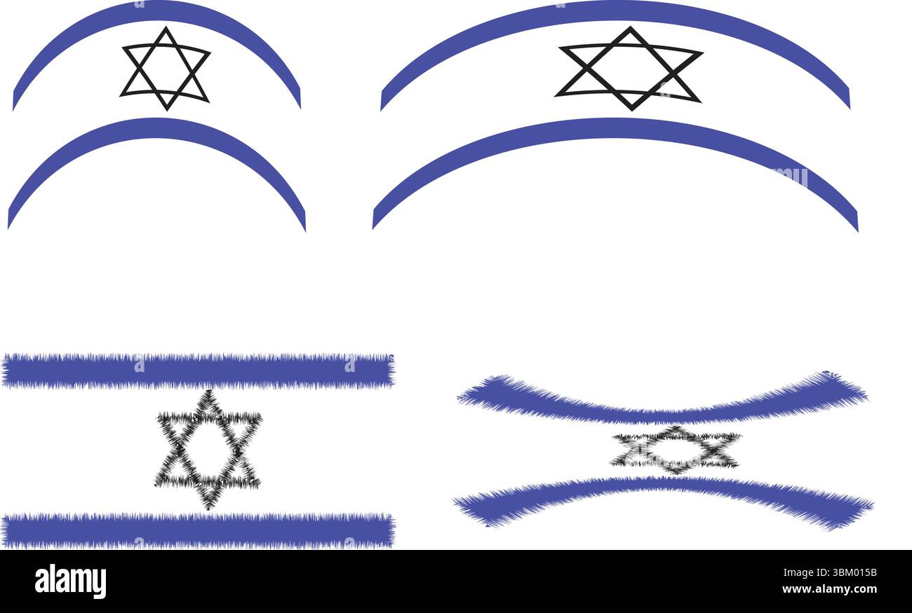 Variazioni minimaliste della bandiera israeliana vettoriale con strisce astratte curve e simboli a stella di David Illustrazione Vettoriale