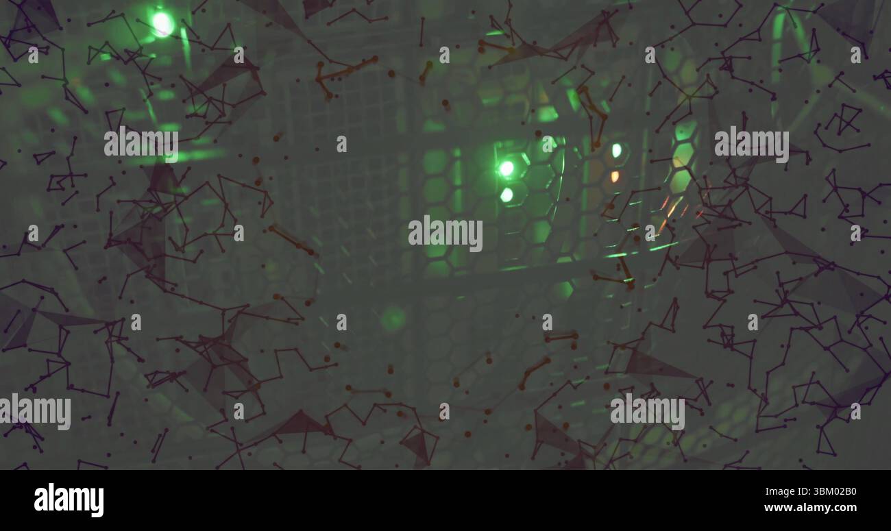 Dotato di pannello anteriore in rack che mostra la griglia a nido d'ape nel data center, con LED e sovrapposizione di rete Foto Stock