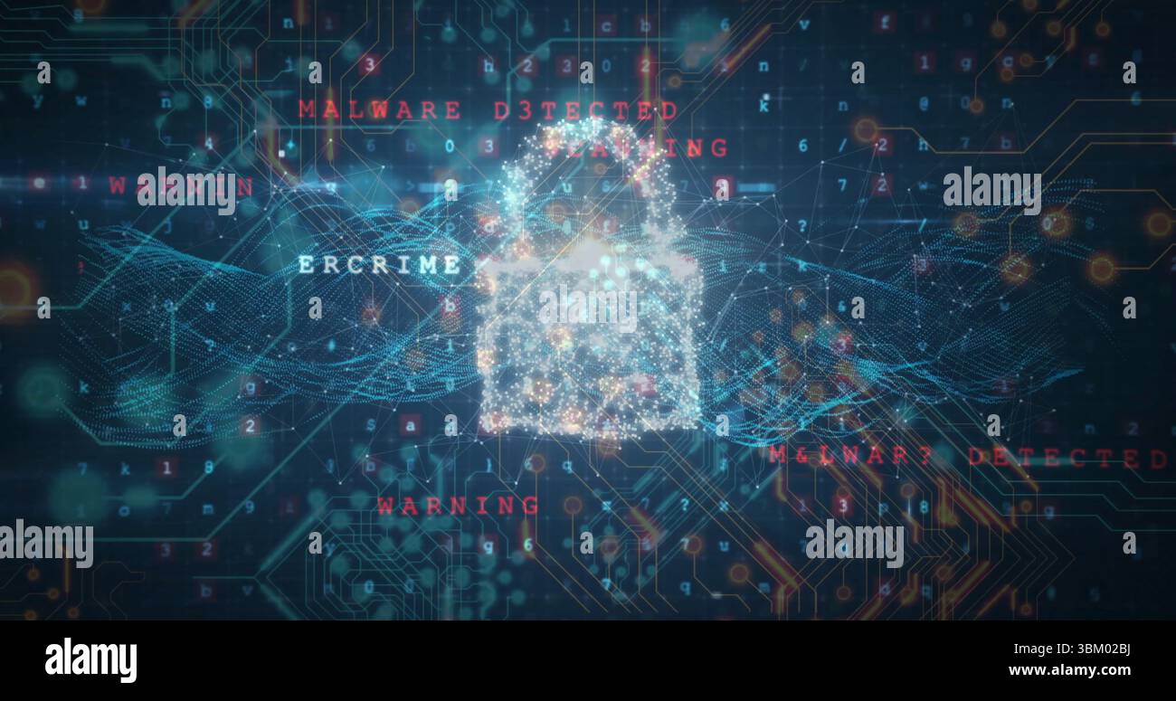 Visualizzazione dell'icona del lucchetto basata su particelle che si illumina sulla griglia di rete, con sovrapposizioni di avviso malware Foto Stock