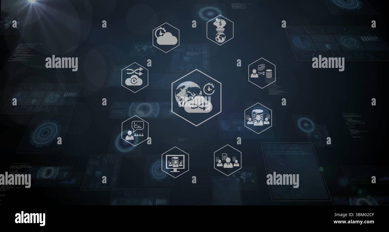 Visualizzazione dell'icona a forma di globo e frecce esagonali sul pannello di controllo, con icone a forma di nuvola, database e ingranaggio Foto Stock