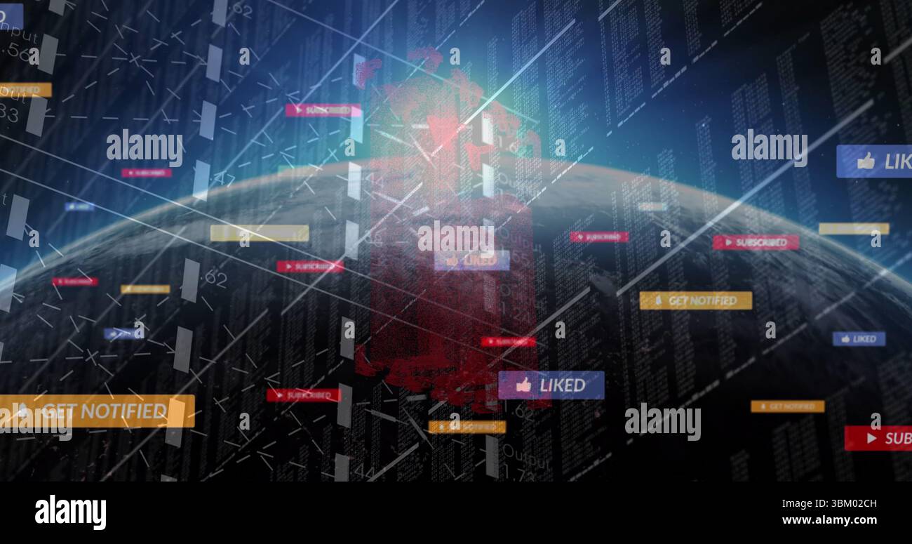 Visualizzazione del codice di streaming globo con rendering digitale nel cyberspazio virtuale, con pannelli dell'interfaccia utente mobili Foto Stock