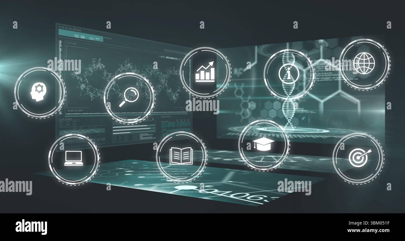 Visualizzazione di schermate olografiche in laboratori di dati virtuali, con modelli molecolari e icone di interfaccia Foto Stock