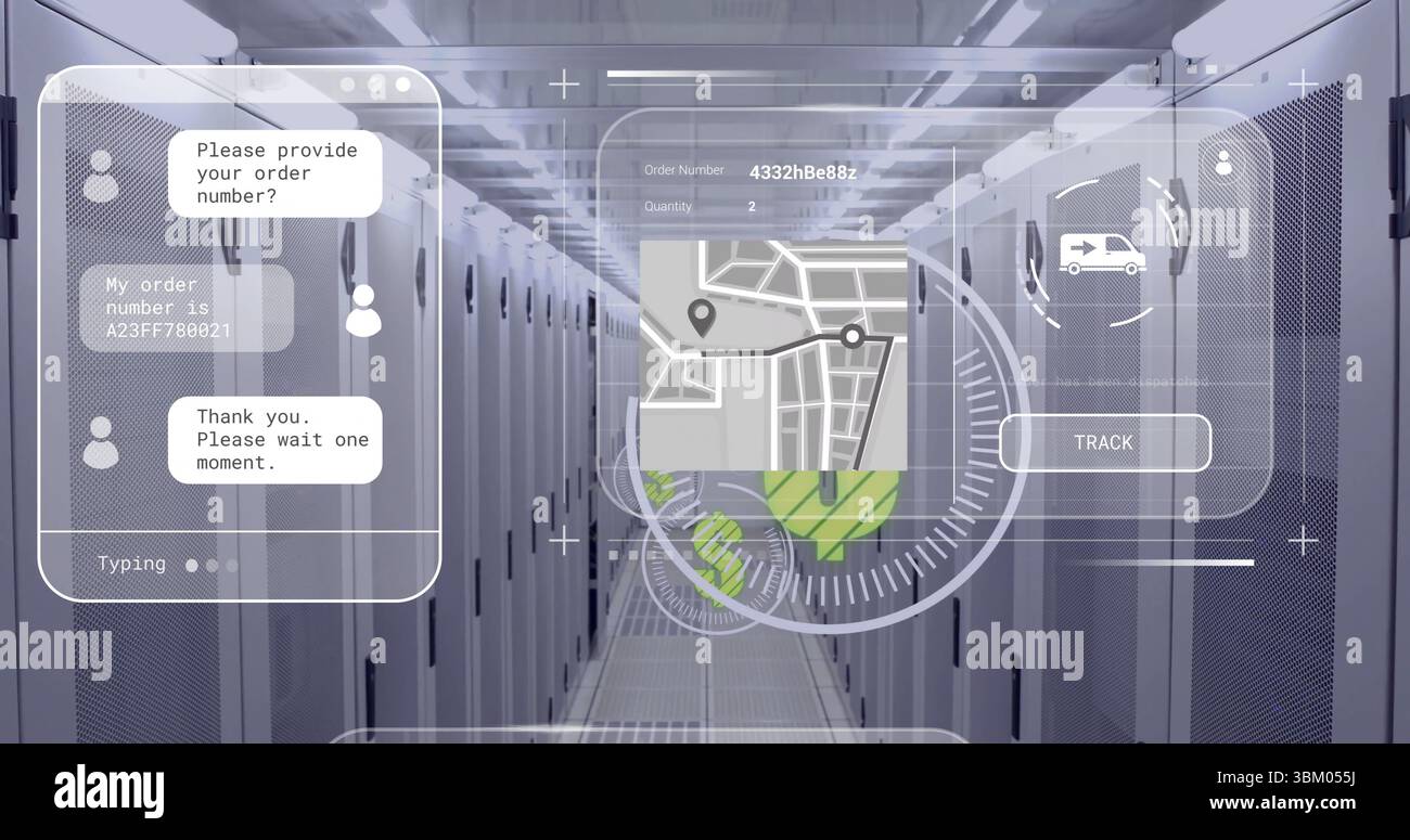Pannello che mostra i pin della mappa nel corridoio del centro dati, con scheda ordine, pulsante traccia con icona furgone Foto Stock