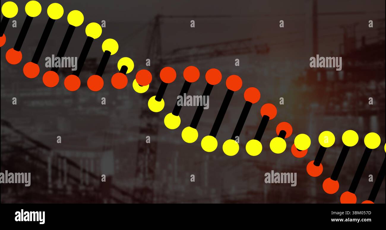 Elica a DNA stilizzata che galleggia sopra i cantieri urbani, con gru e telai per impalcature Foto Stock
