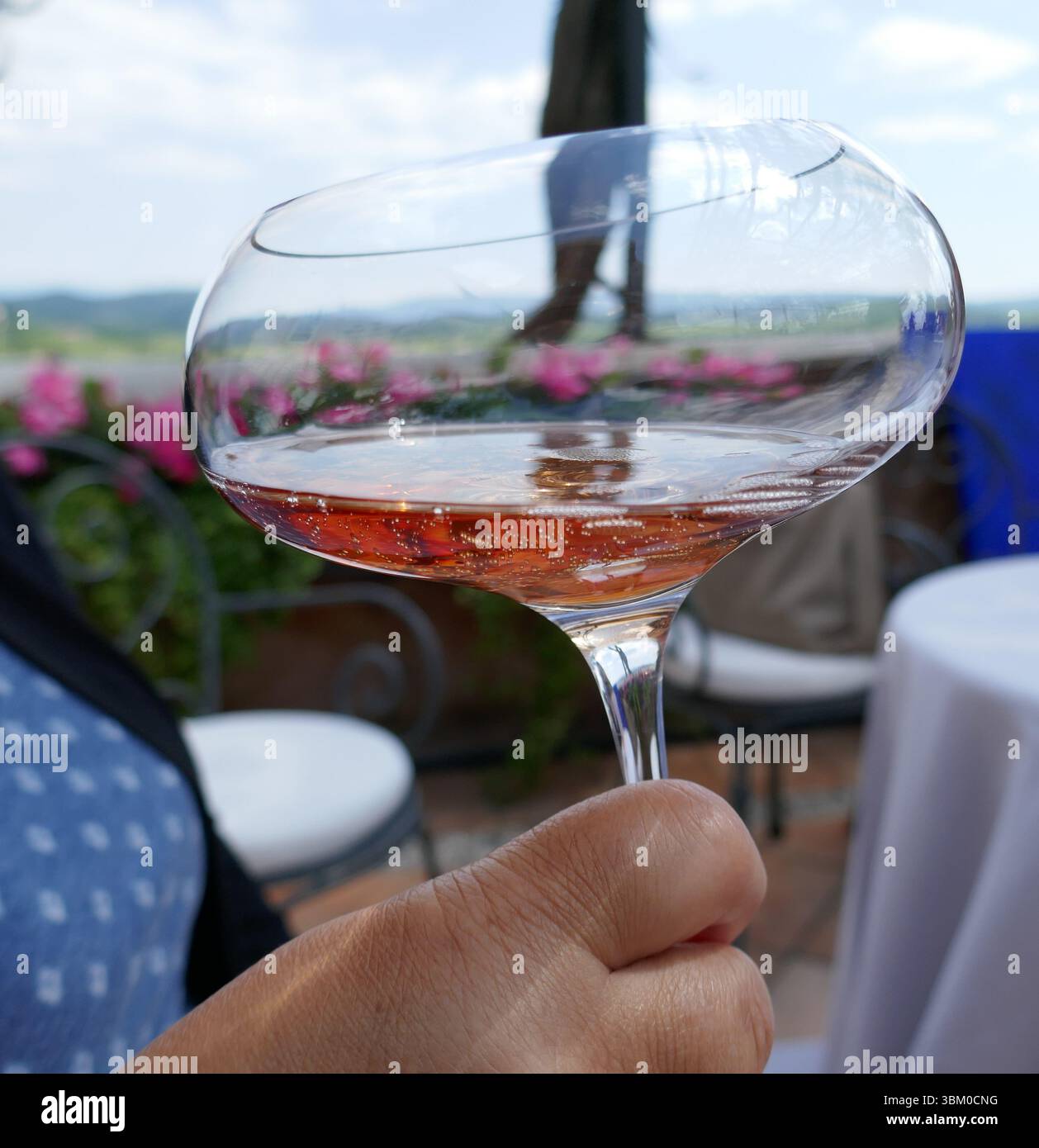 Bevanda rinfrescante con vino tenuta in mano nel patio dell'azienda vinicola all'aperto Foto Stock
