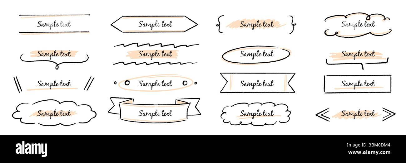 Set di banner per titoli per cornici disegnate a mano. Striscione disegnato a mano, elementi di forma per appunti per etichette con linee a nastro. Titolo della casella di testo tratto da un pennarello dal design accattivante, decorazione del titolo. Illustrazione vettoriale Illustrazione Vettoriale