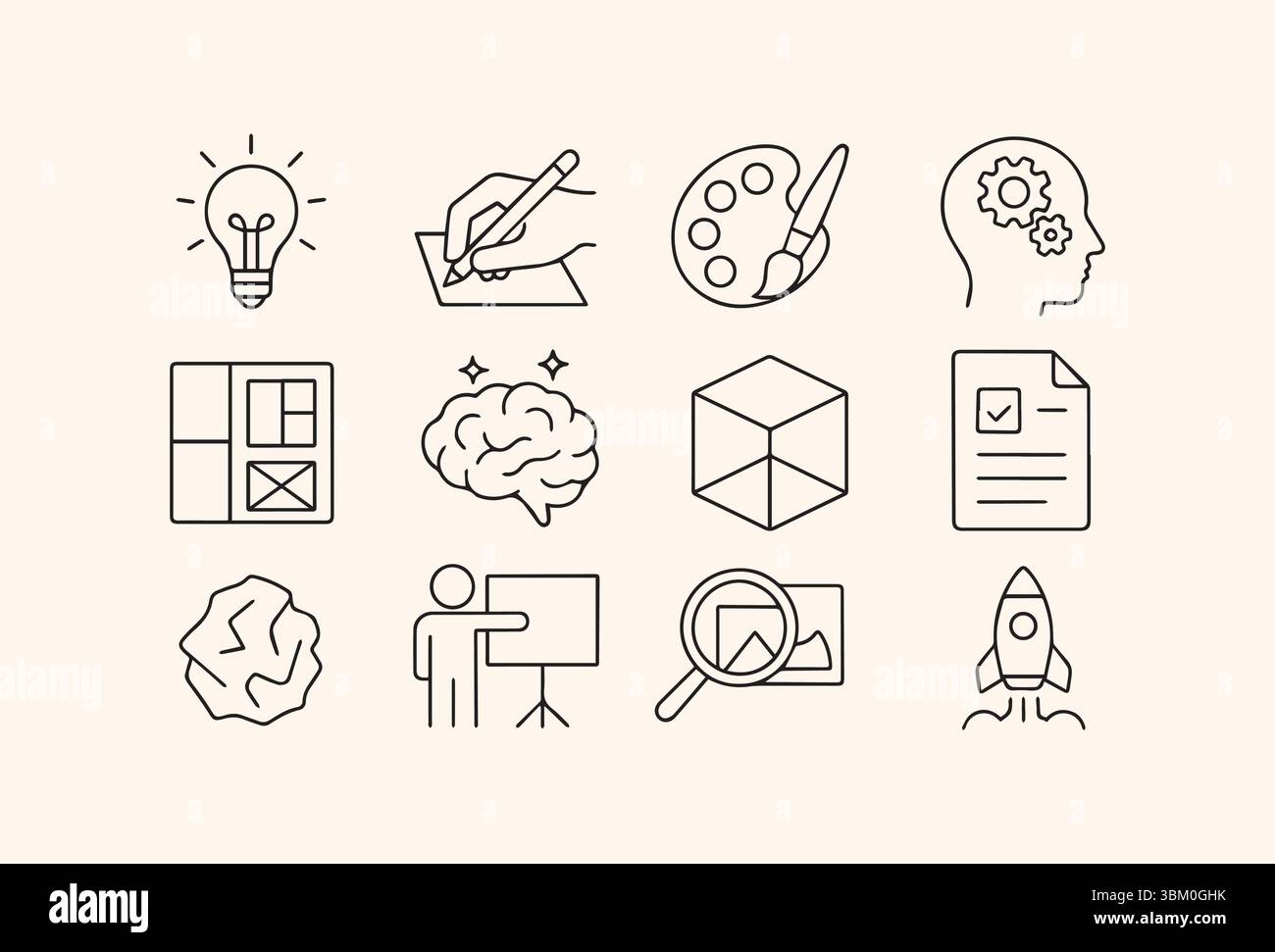 Una serie di icone di linea che descrivono il processo creativo, tra cui la generazione di idee, il brainstorming, l'arte e l'innovazione. Illustrazione Vettoriale
