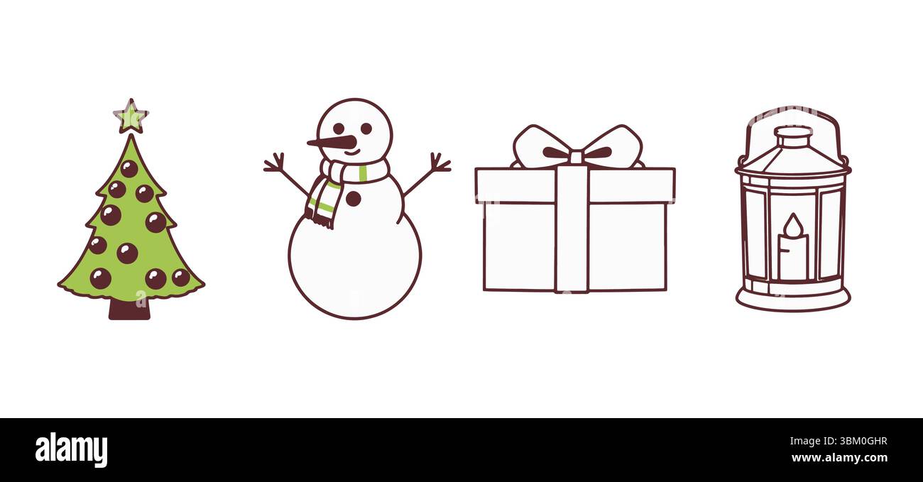 Icone creative delle vacanze con albero di Natale, pupazzo di neve, confezione regalo e lanterna in un design natalizio Illustrazione Vettoriale