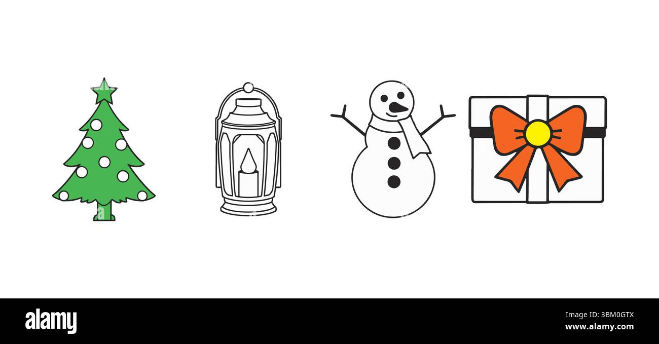 Icone creative delle vacanze con albero di Natale, pupazzo di neve, confezione regalo e lanterna in un design natalizio Illustrazione Vettoriale