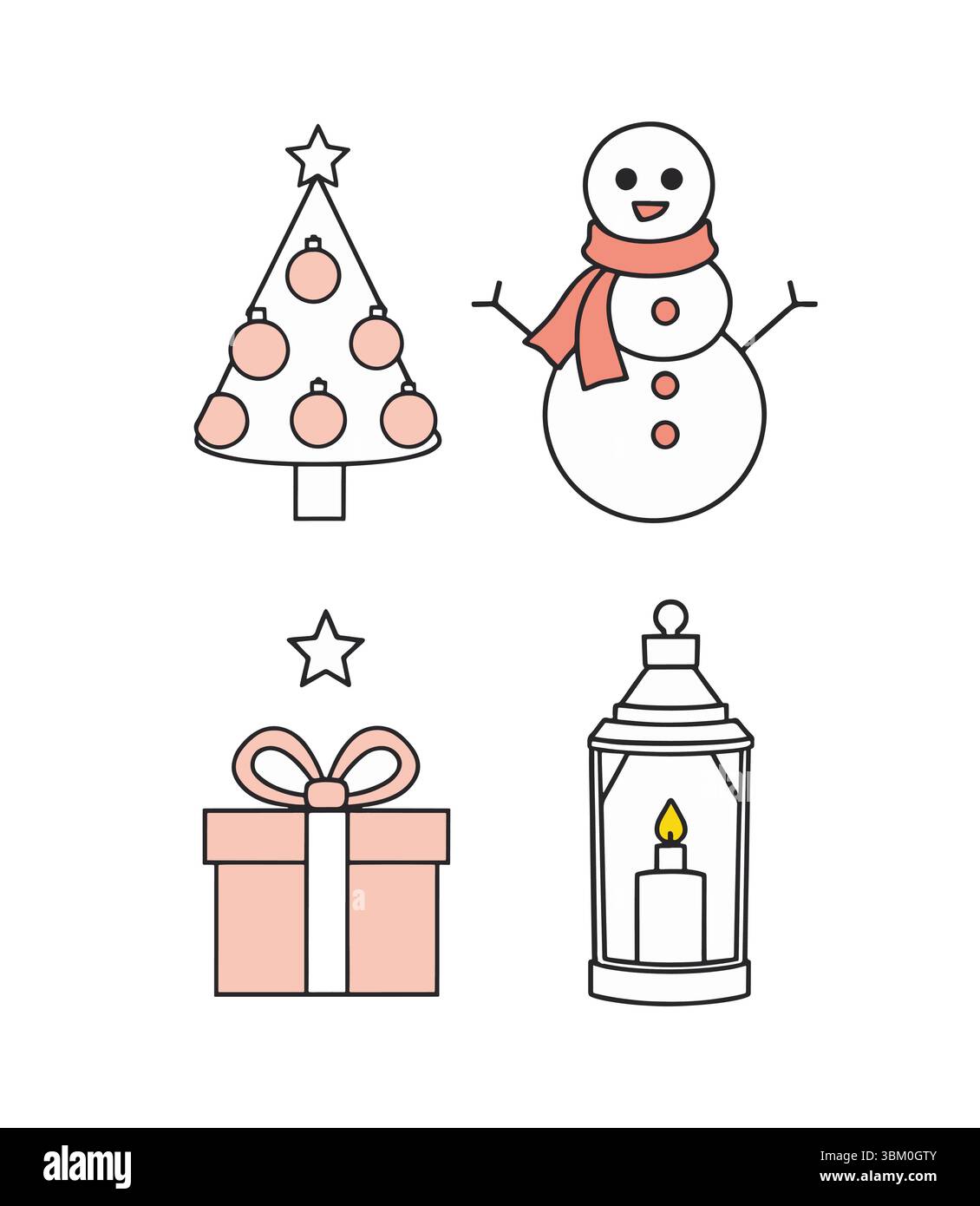 Icone creative delle vacanze con albero di Natale, pupazzo di neve, confezione regalo e lanterna in un design natalizio Illustrazione Vettoriale