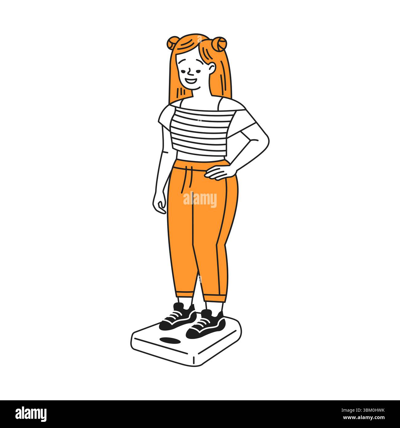 Giovane donna allegra con i capelli rossi che sorride mentre si trova su una bilancia. Stile illustrativo con colori arancio e bianco. Moda informale e benessere Illustrazione Vettoriale