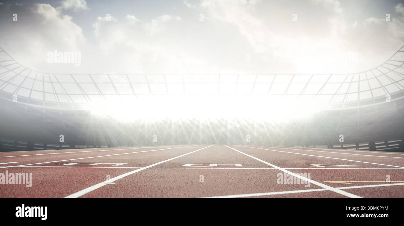 Le piste rosse si estendono verso lo stadio in un design piatto con segnaletica bianca sotto le luci Foto Stock