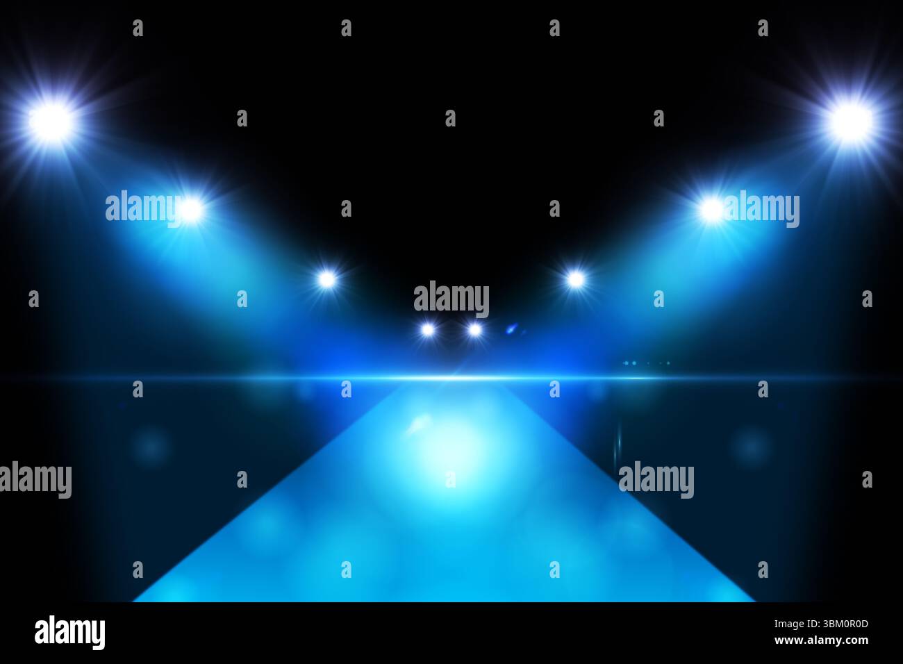 Rendering 3D che mostra il palco blu lucido della pista che raggiunge lo spettatore con faretti che proiettano i bagliori dell'obiettivo Foto Stock