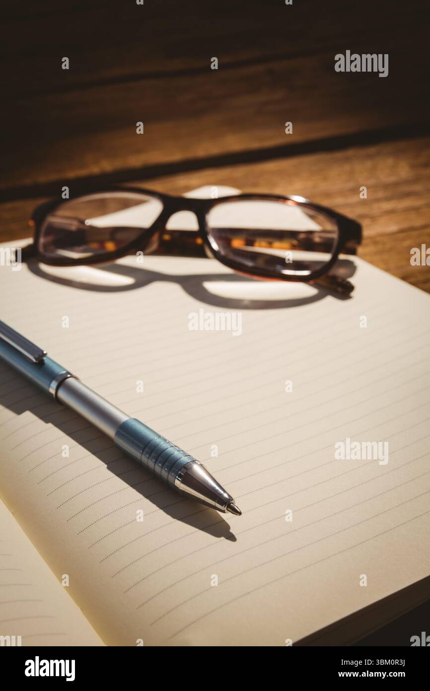 Occhiali da vista e penna sul libro a casa Foto Stock