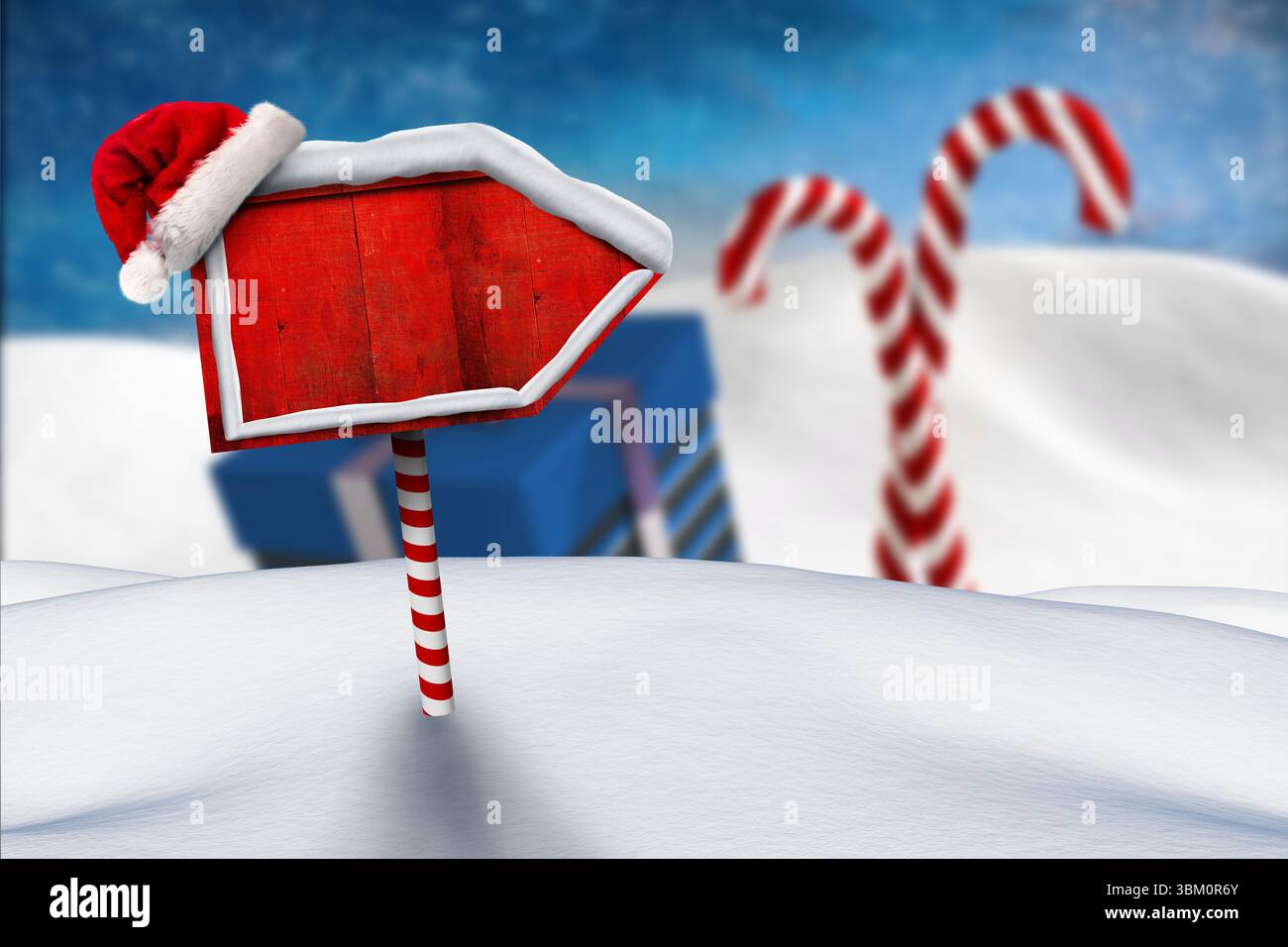 Il cartello con la freccia delle festività viene mostrato con un design vettoriale piatto con il cappello di Babbo Natale e il palo di canna da zucchero Foto Stock