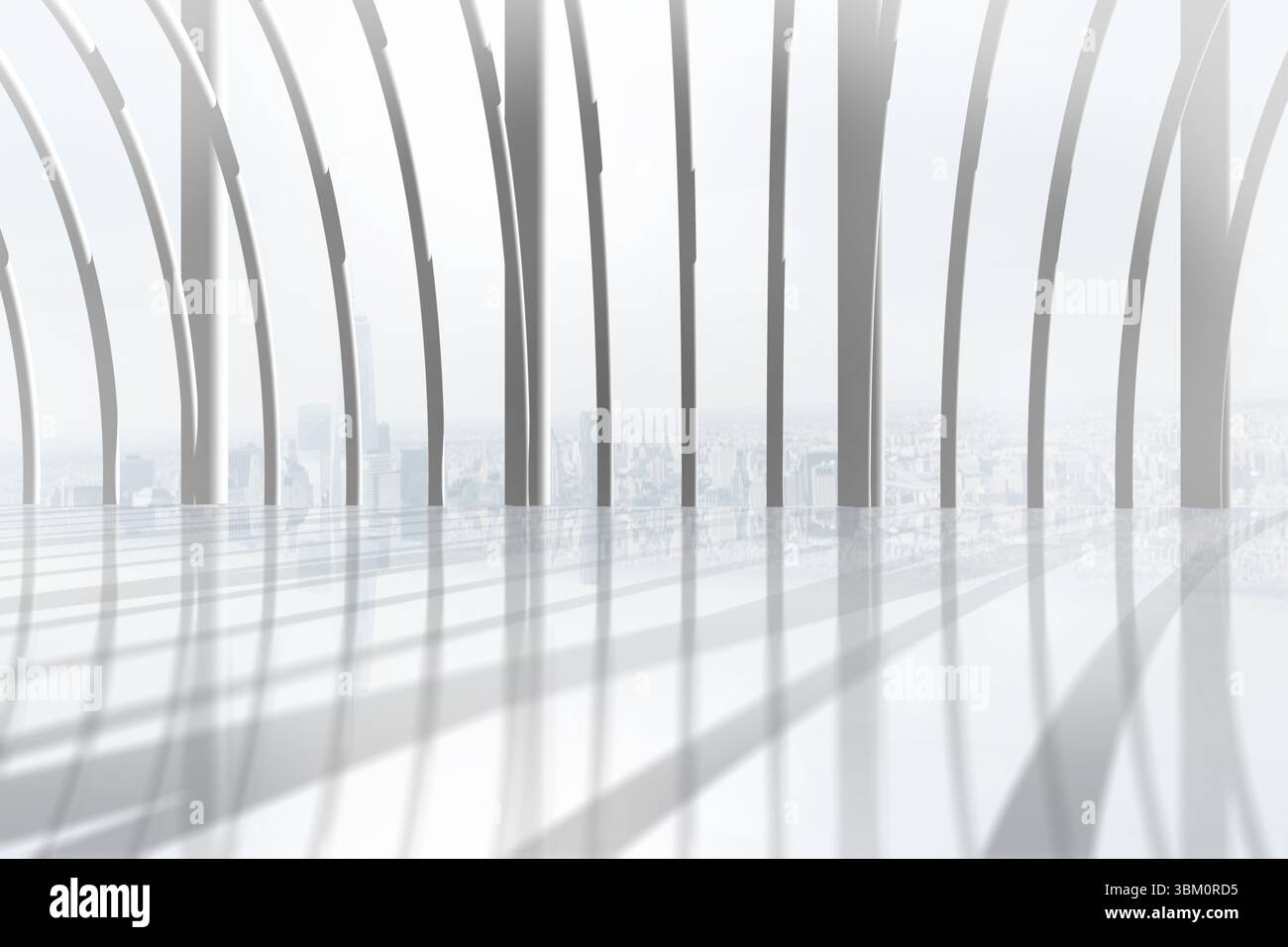 Camera bianca con grande finestra che si affaccia sulla città Foto Stock