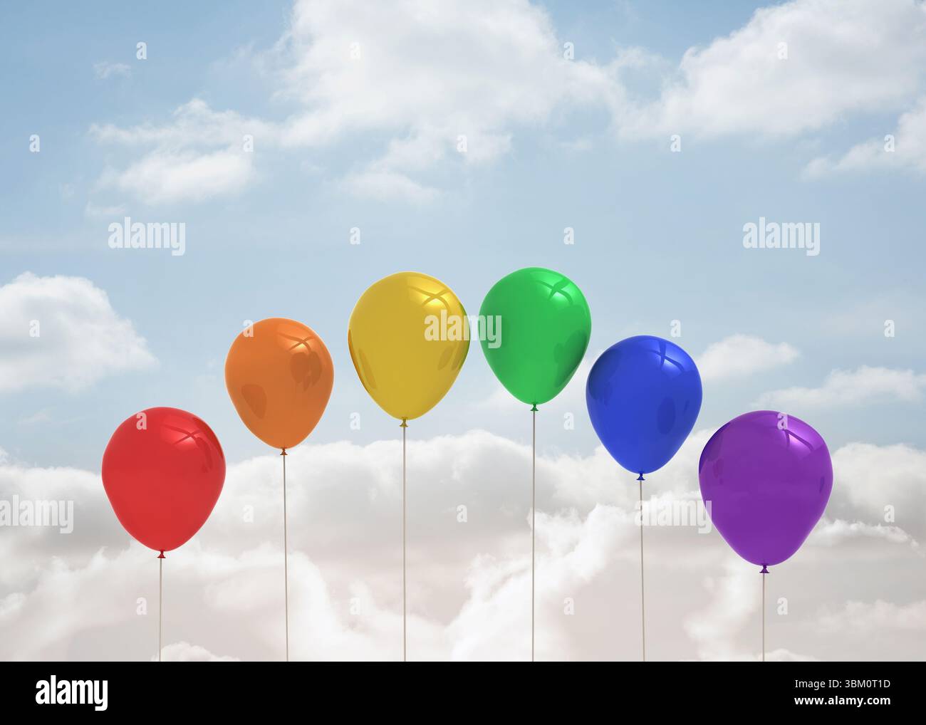 Sei palloncini arcobaleno fluttuano in un cielo dal design piatto con cumulo sparso e nuvole Foto Stock